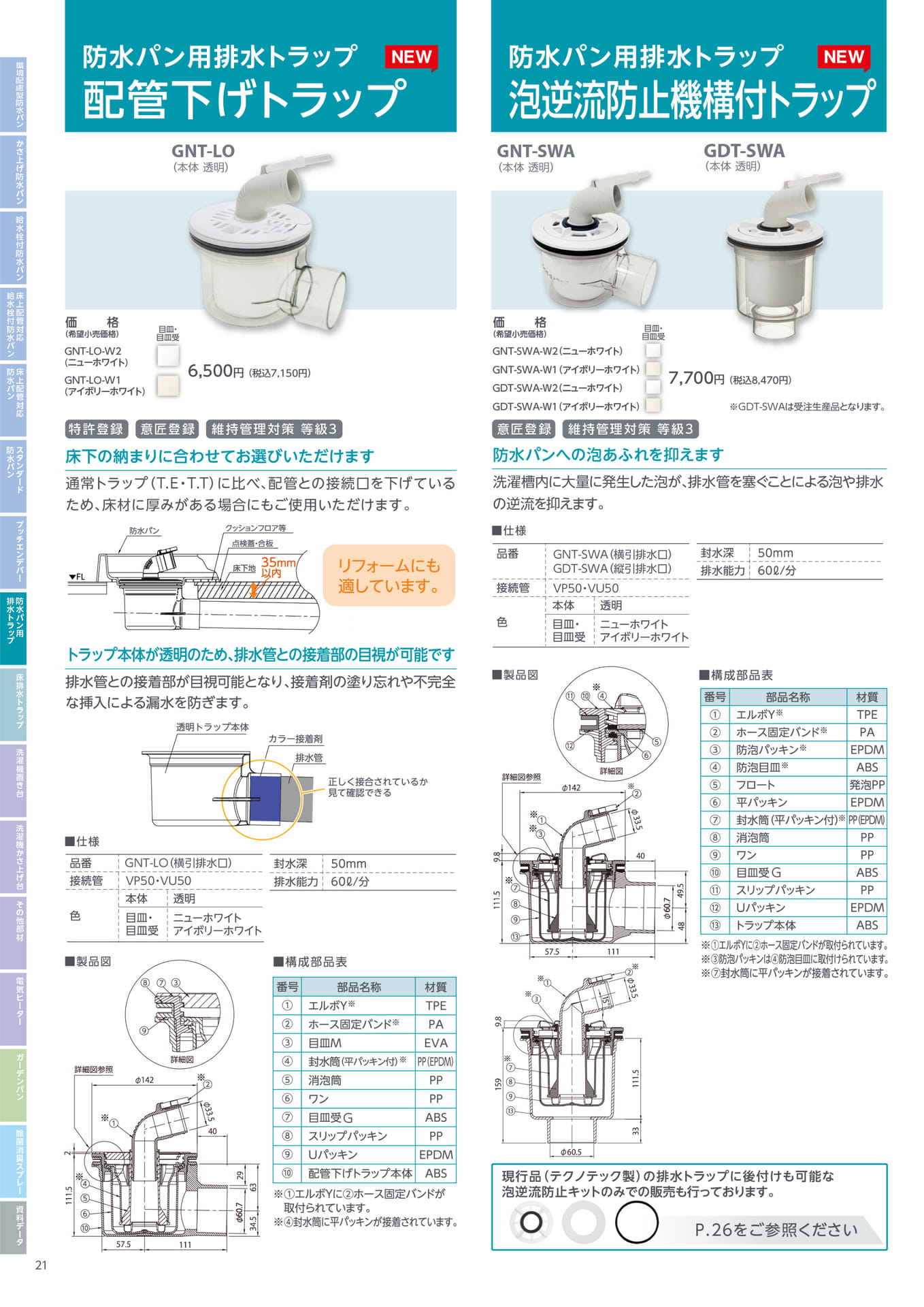 テクノテック 防水パン用排水トラップ 配管下げトラップ/泡逆流機構付トラップ