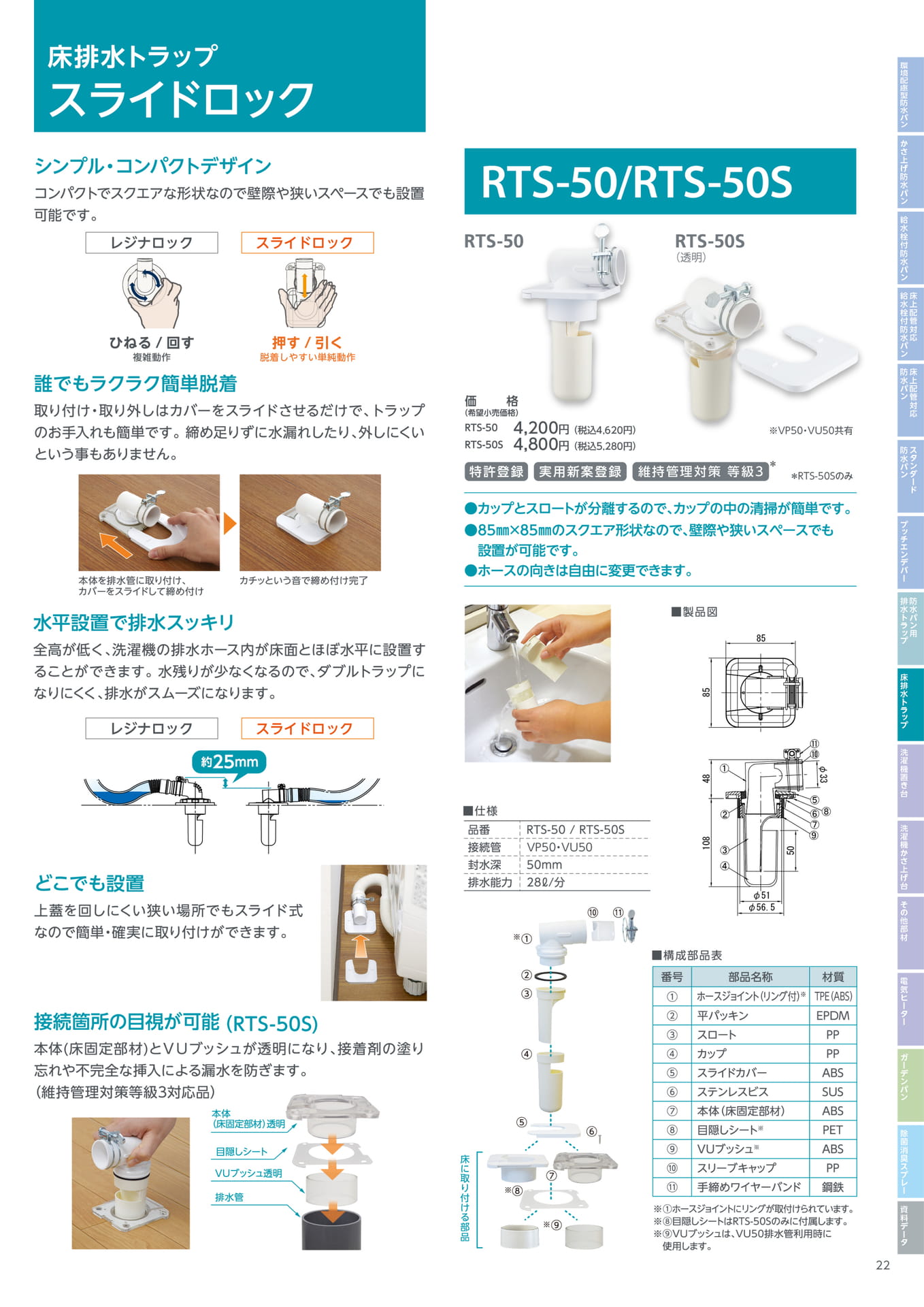 テクノテック 床排水トラップ スライドロック